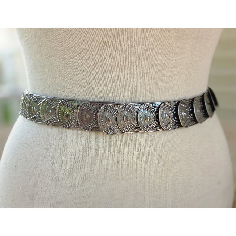 VTG Silver Stretch Belt | Southwestern Concho Western Boho Statement Belt M/L - Picture 4 of 9
